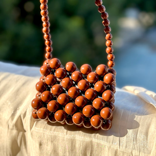 Vintage Coffee Beaded Chain Bag